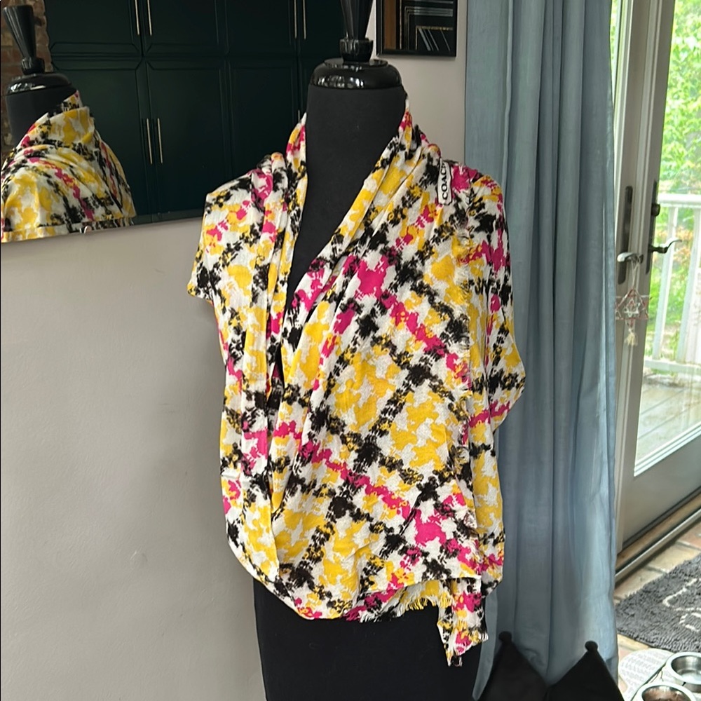 Coach Yellow and Pink Wrap Tie Front Scarf EUC